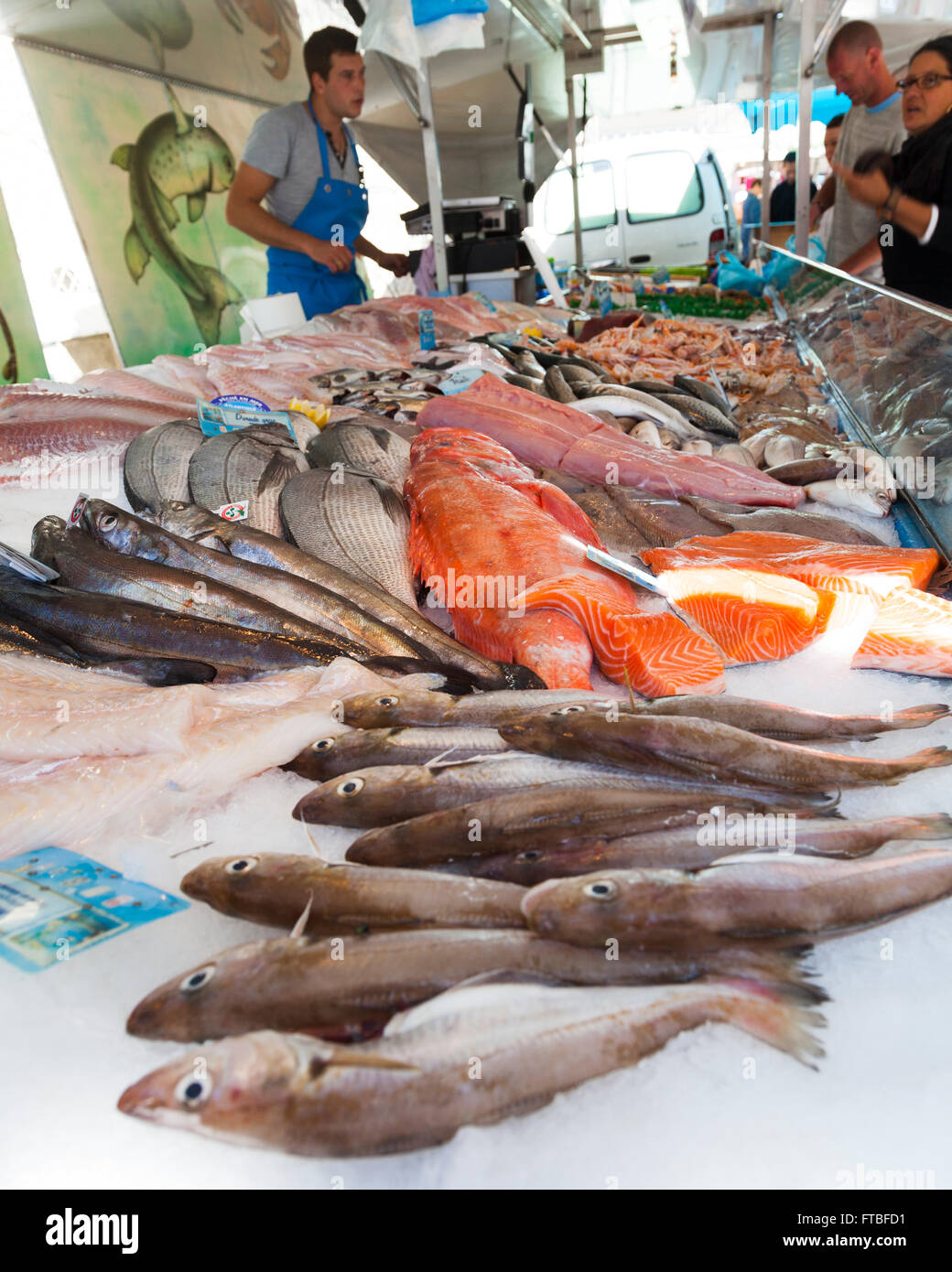 Frischer Fisch stall im Piegut Markt, France Stockfoto