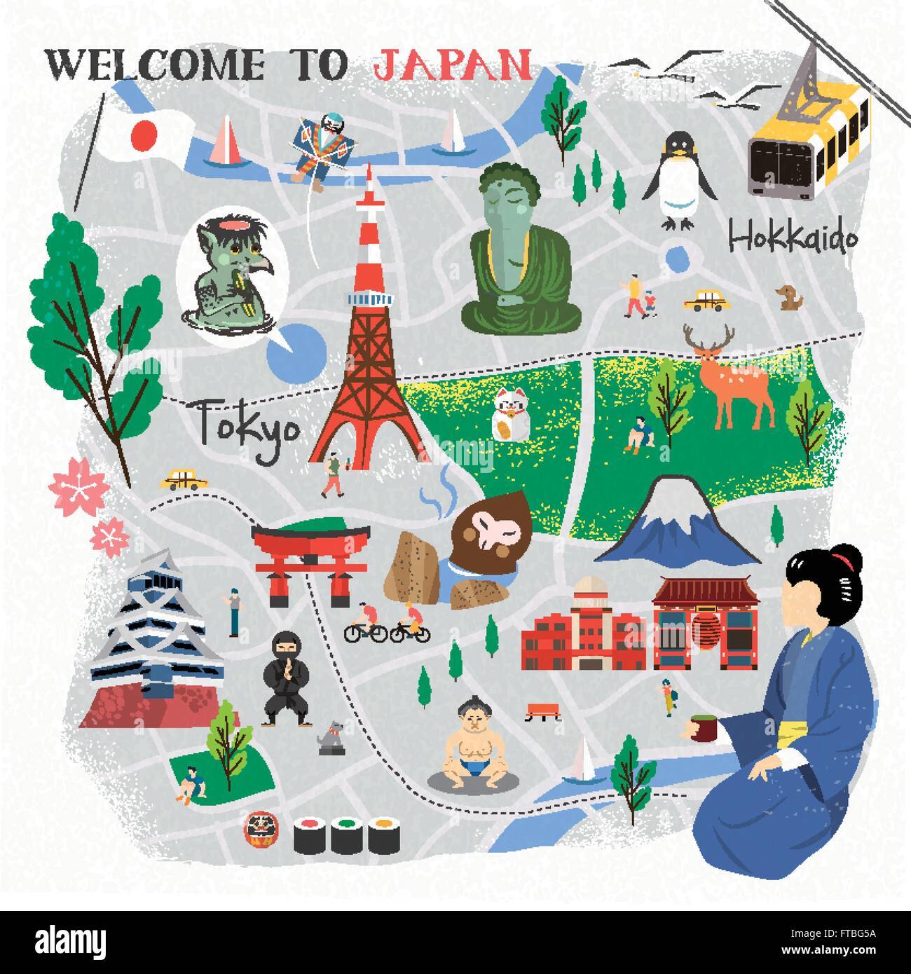 Japan-Wanderkarte mit berühmten Sehenswürdigkeiten und Symbole Stock Vektor