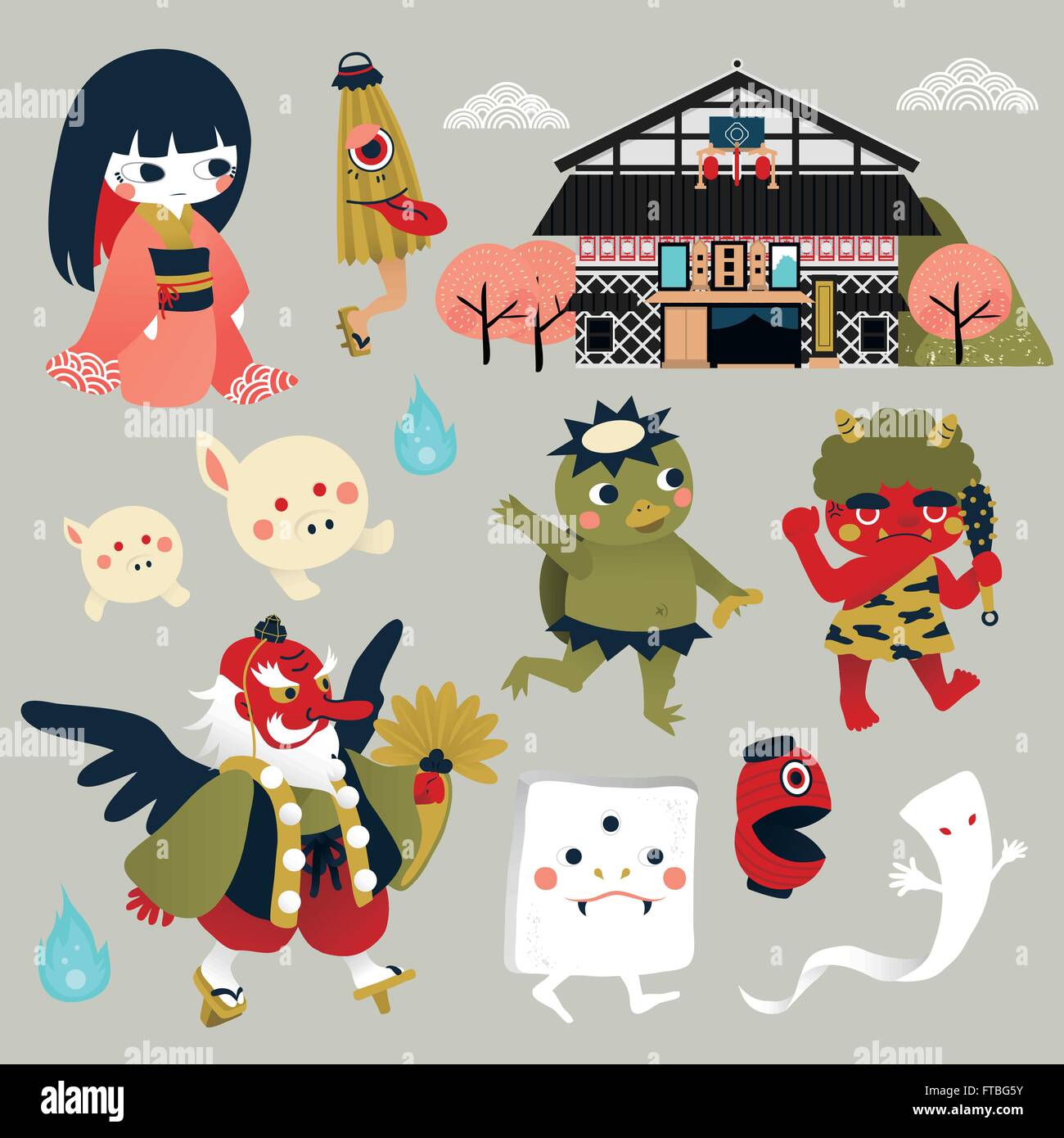 schöne Japan Monster Sammlungssatz im flachen Stil Stock Vektor