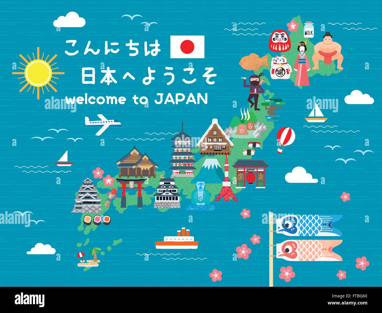 schöne Japan-Reise-Karte - Hallo und herzlich willkommen auf Japan in japanischer Sprache Stock 