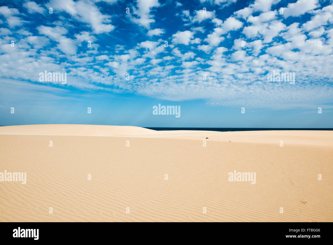 Dünen gegen blaue Meer, Corralejo Dünen Naturpark, Corralejo, Fuerteventura, Kanarische Inseln, Spanien Stockfoto