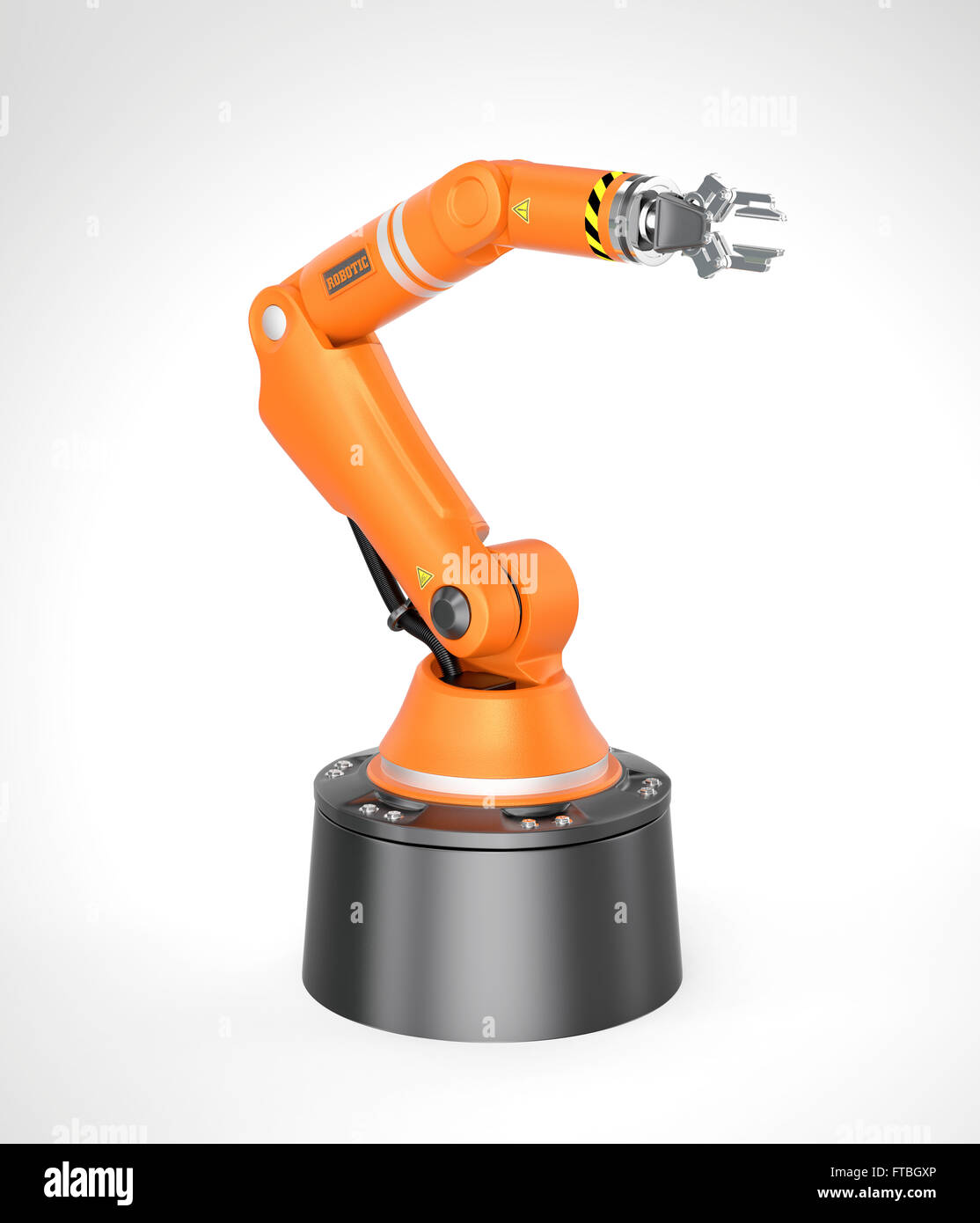 Orange Roboterarm isoliert auf grauem Hintergrund. 3D-Rendering Bild mit Beschneidungspfad. Stockfoto