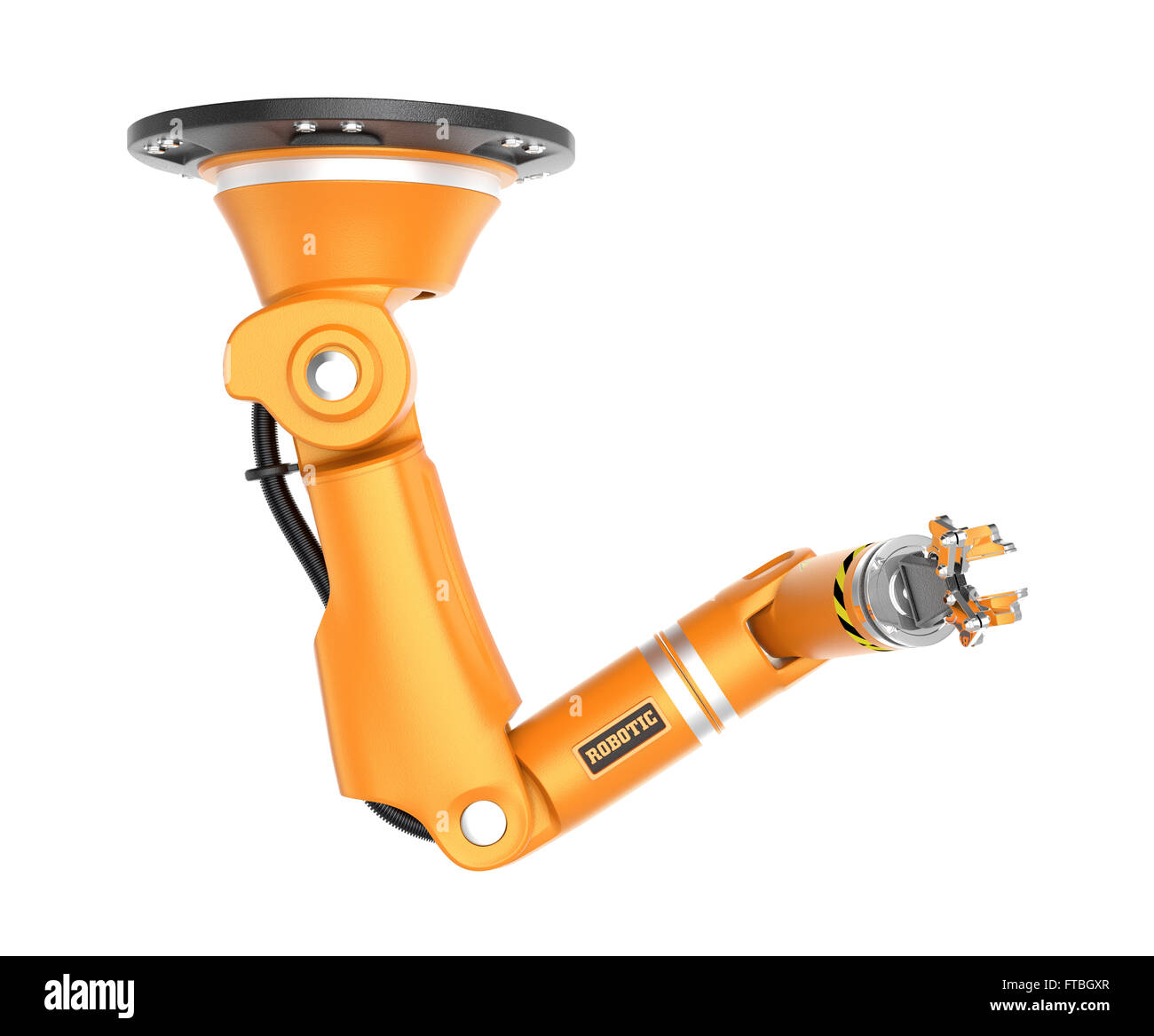 Orange Roboter Decke Arm isoliert auf weißem Hintergrund.  3D-Rendering Bild mit Beschneidungspfad. Stockfoto