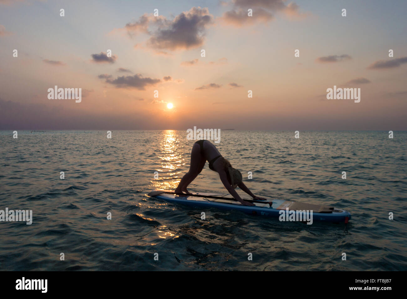 Frau, Yoga zu praktizieren Paddleboard, Meeru, Malediven Stockfoto