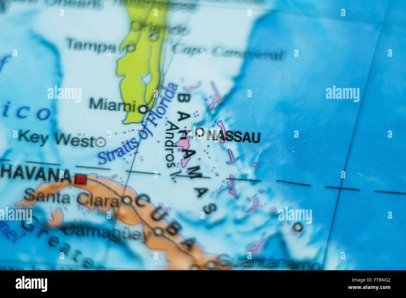 Foto von einer Karte von Bahamas und der Hauptstadt Nassau. Stockfoto