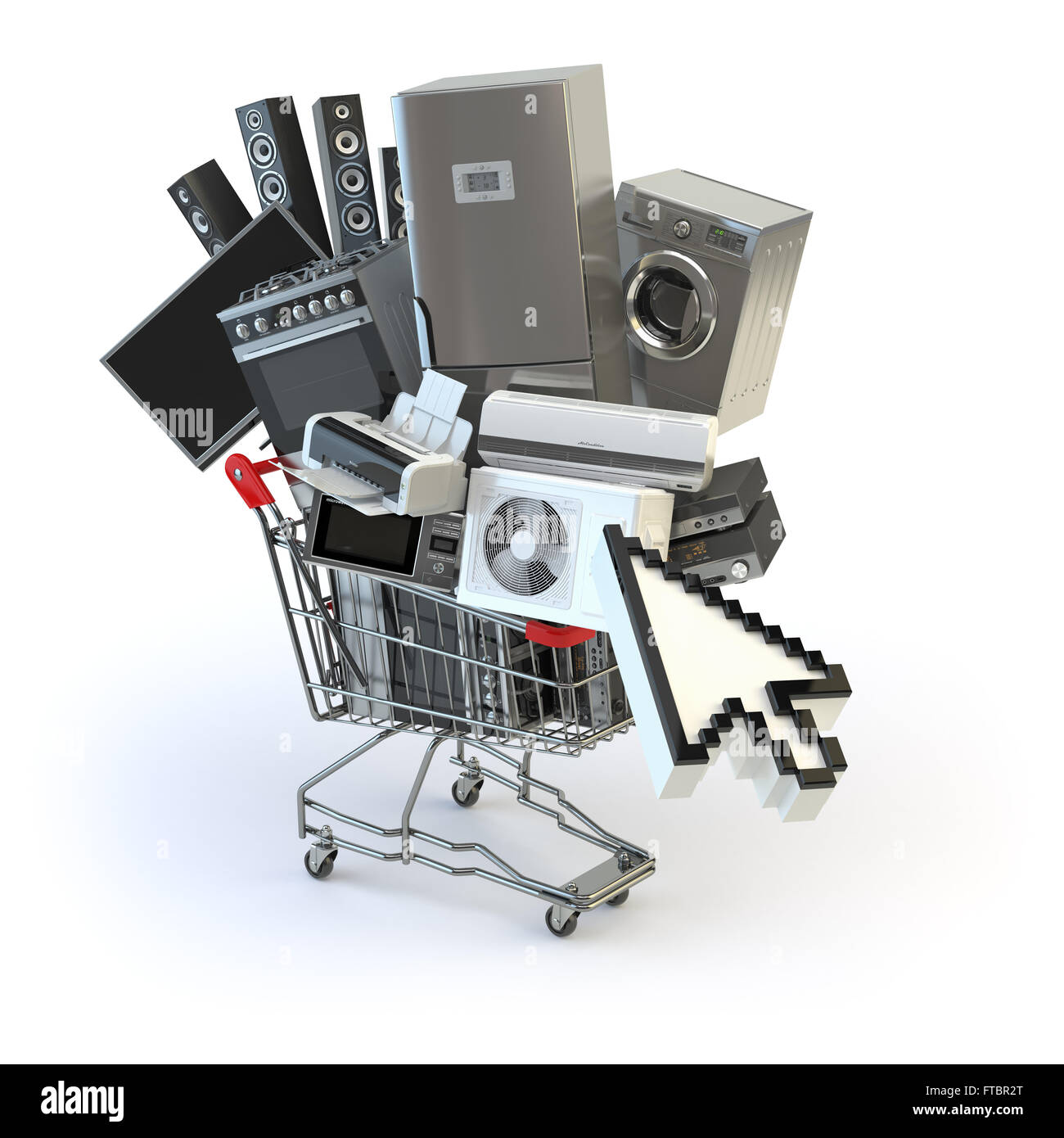 Haushaltsgeräte in den Warenkorb und Cursor. E-Commerce oder online-shopping-Konzept. 3D Stockfoto