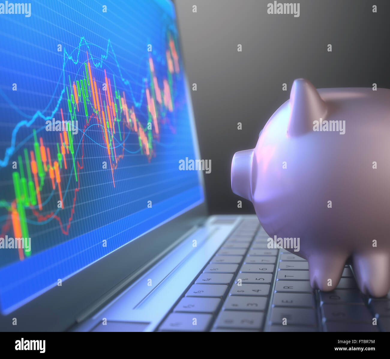 Sparschwein auf Laptoptastatur Blick auf die Tabelle des Aktienmarktes. Stockfoto