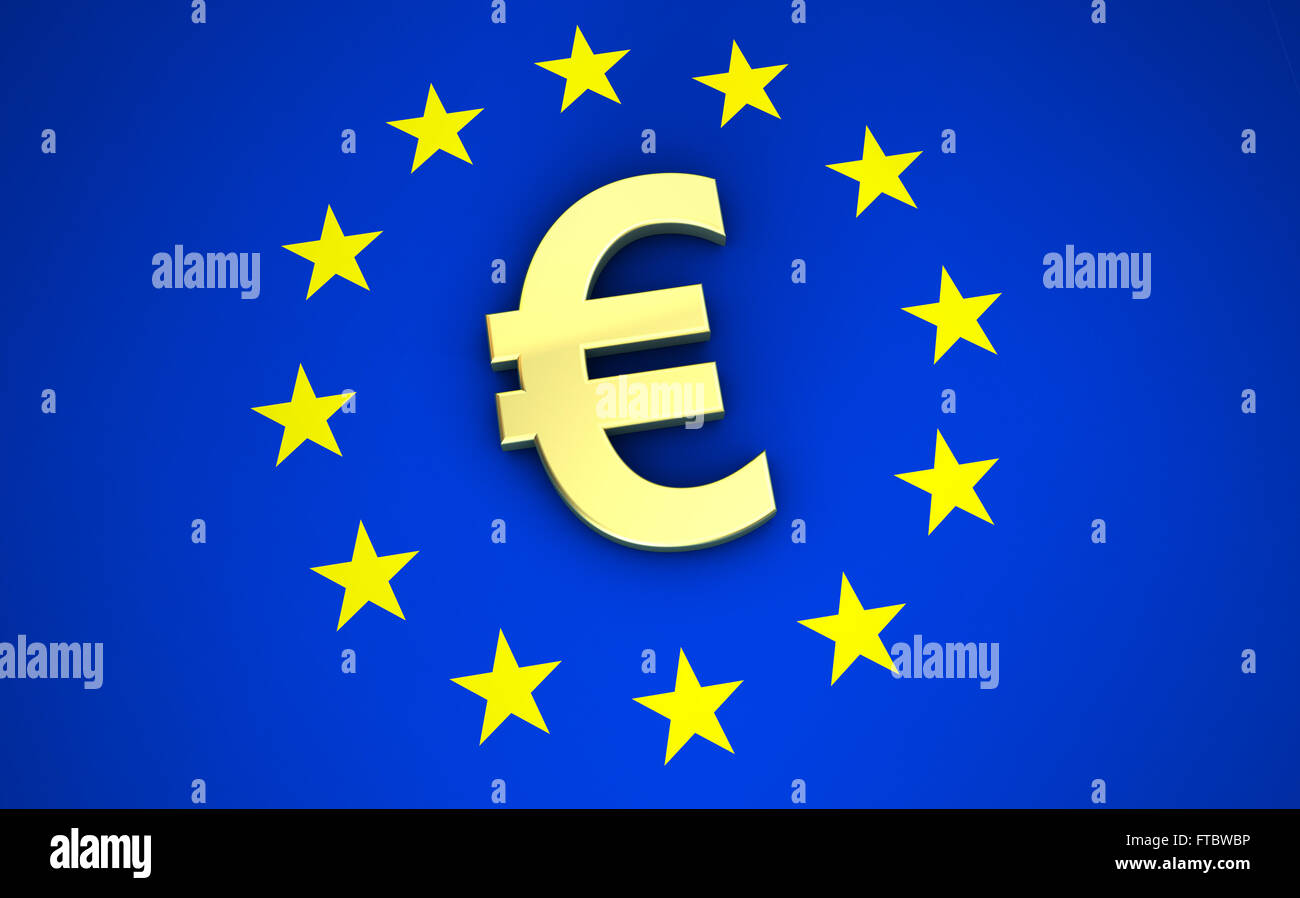 Europäischen Union Finanzkonzept 3D-Illustration mit Euro-Symbol, Zeichen und Symbol auf EU-Flagge. Stockfoto