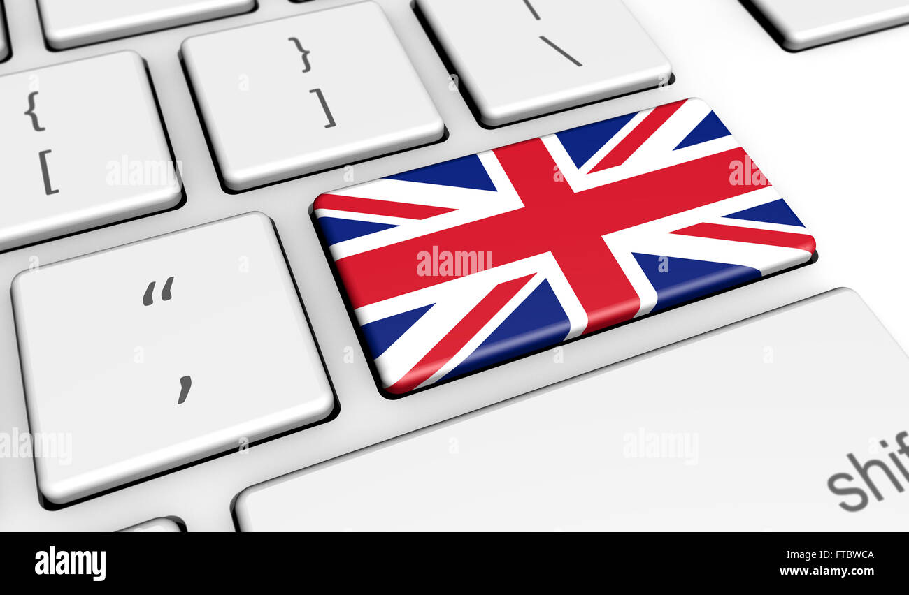 Vereinigtes Königreich-Digitalisierung und Nutzung digitaler Technologie mit der britische Union Jack Flagge auf einem Computer wichtige 3D-Illustration. Stockfoto