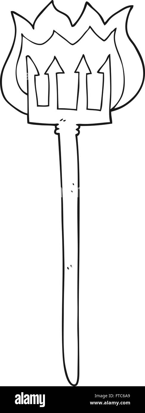 freihändig gezeichnet schwarz / weiß Cartoon flaming Teufel Gabel Stock Vektor