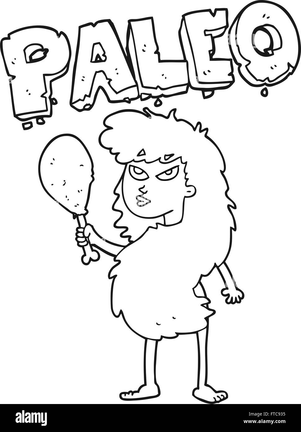 freihändig gezeichnet schwarz / weiß Cartoon Frau auf Paleo-Diät Stock Vektor
