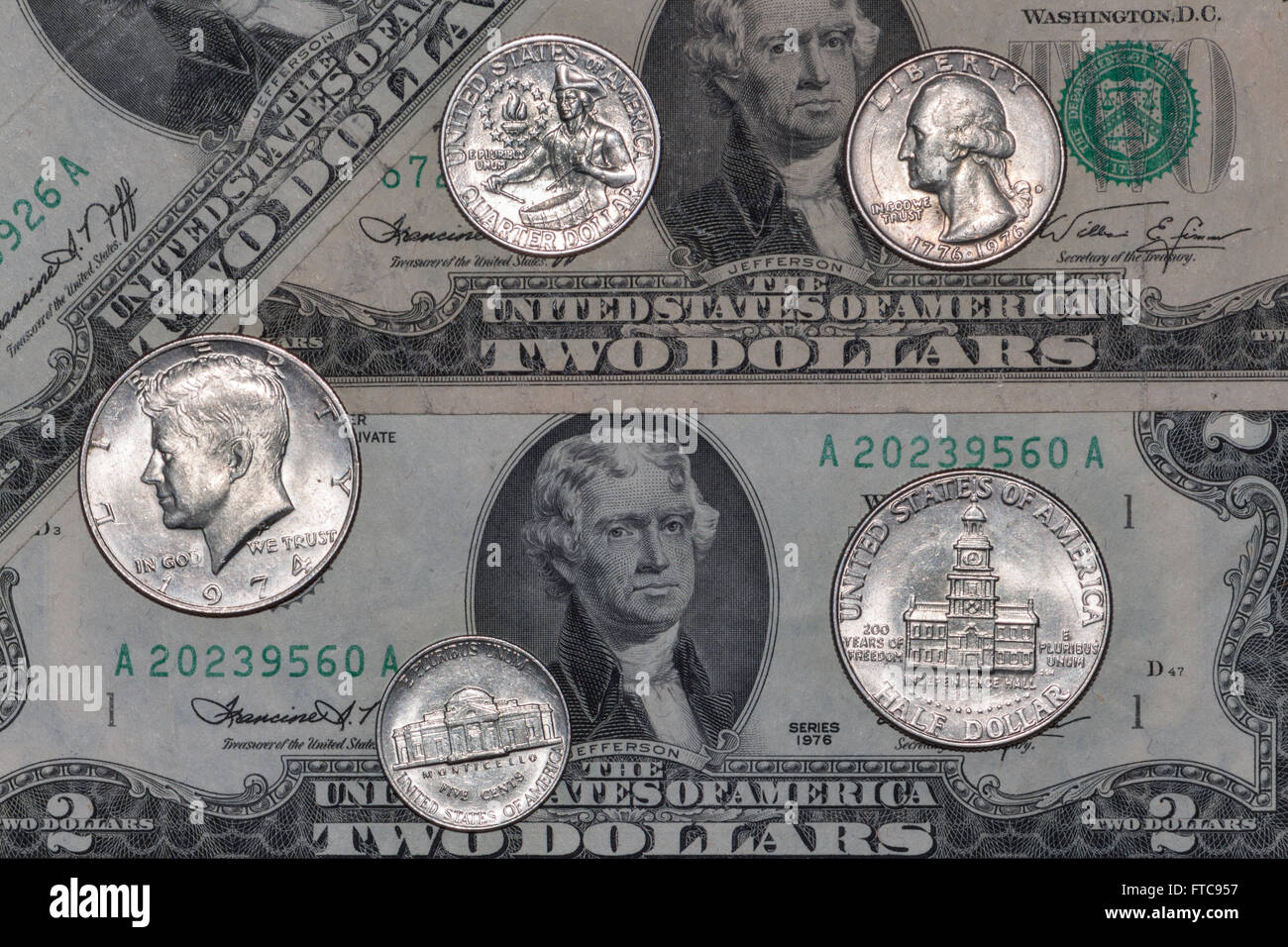 US Mint Münzen und Banknoten von zweihundertjährigen 1976 Stockfoto