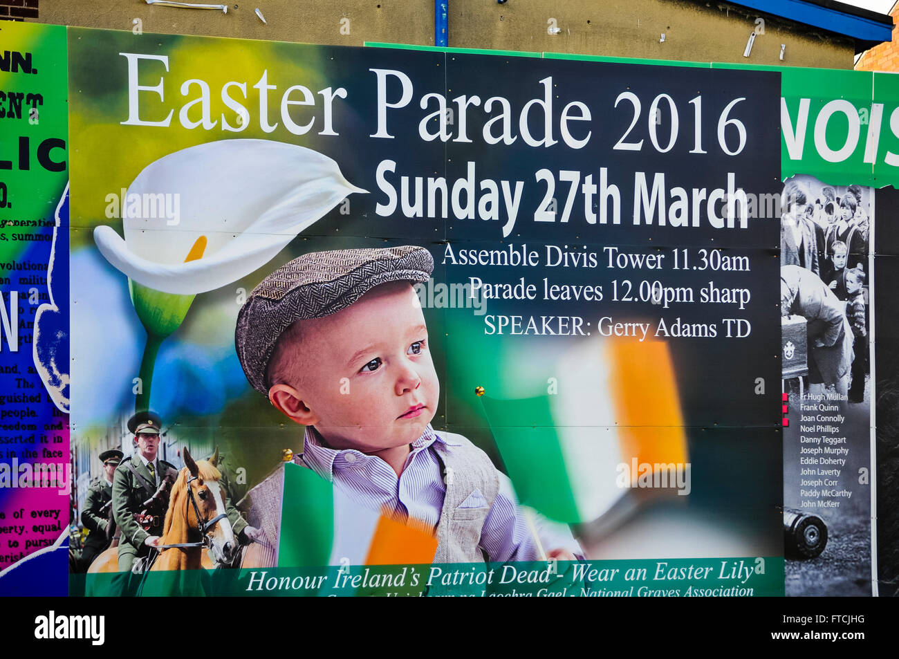 Belfast, Nordirland. 27 Mar 2016 - Wandbild auf der Falls Road wirbt mit der Osteraufstand Centenary celebration Parade. Credit: Stephen Barnes/Alamy leben Nachrichten Stockfoto