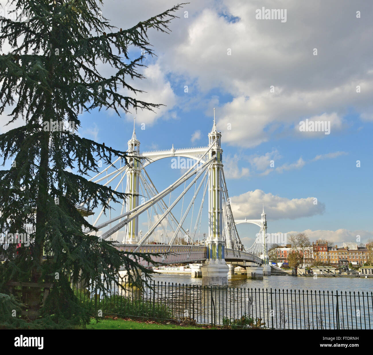 Albert Bridge London vom Battersea Park gesehen. Stockfoto