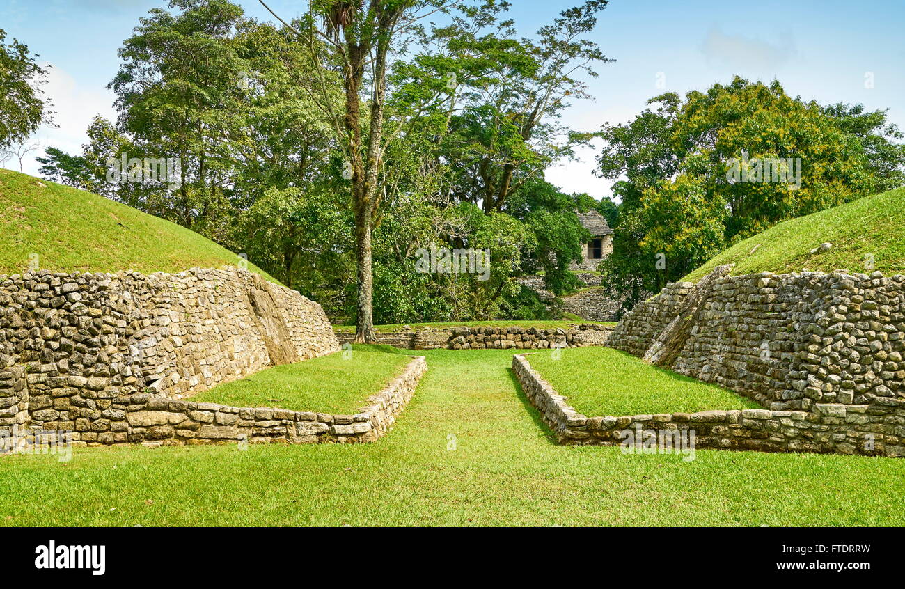 Der archäologische Park Ball Court, Palenque, Chiapas, Mexiko Stockfoto