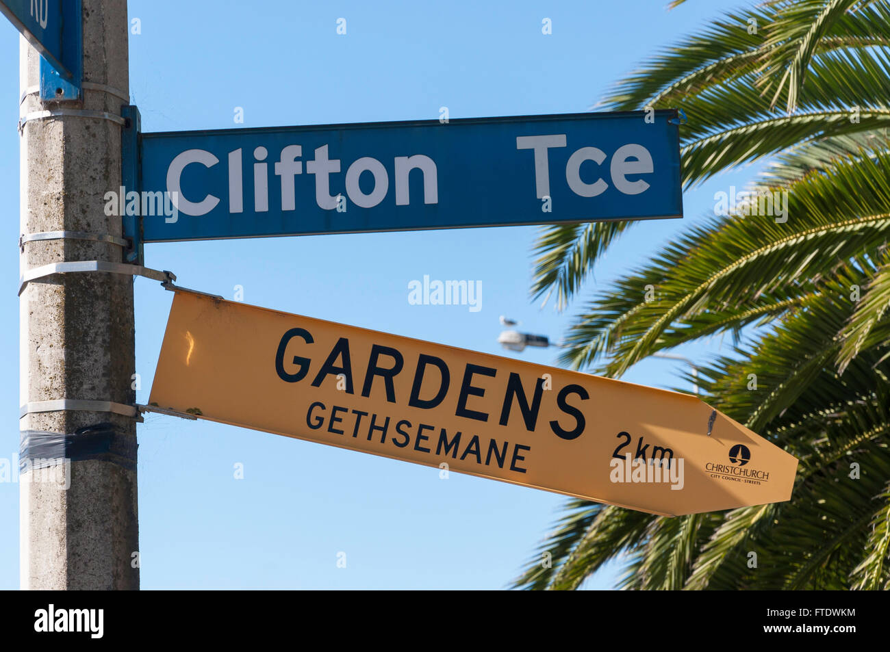 Clifton Terrasse und Garten Gethsemane Straßenschild, Clifton, Sumner, Region Canterbury, Christchurch, Neuseeland Stockfoto