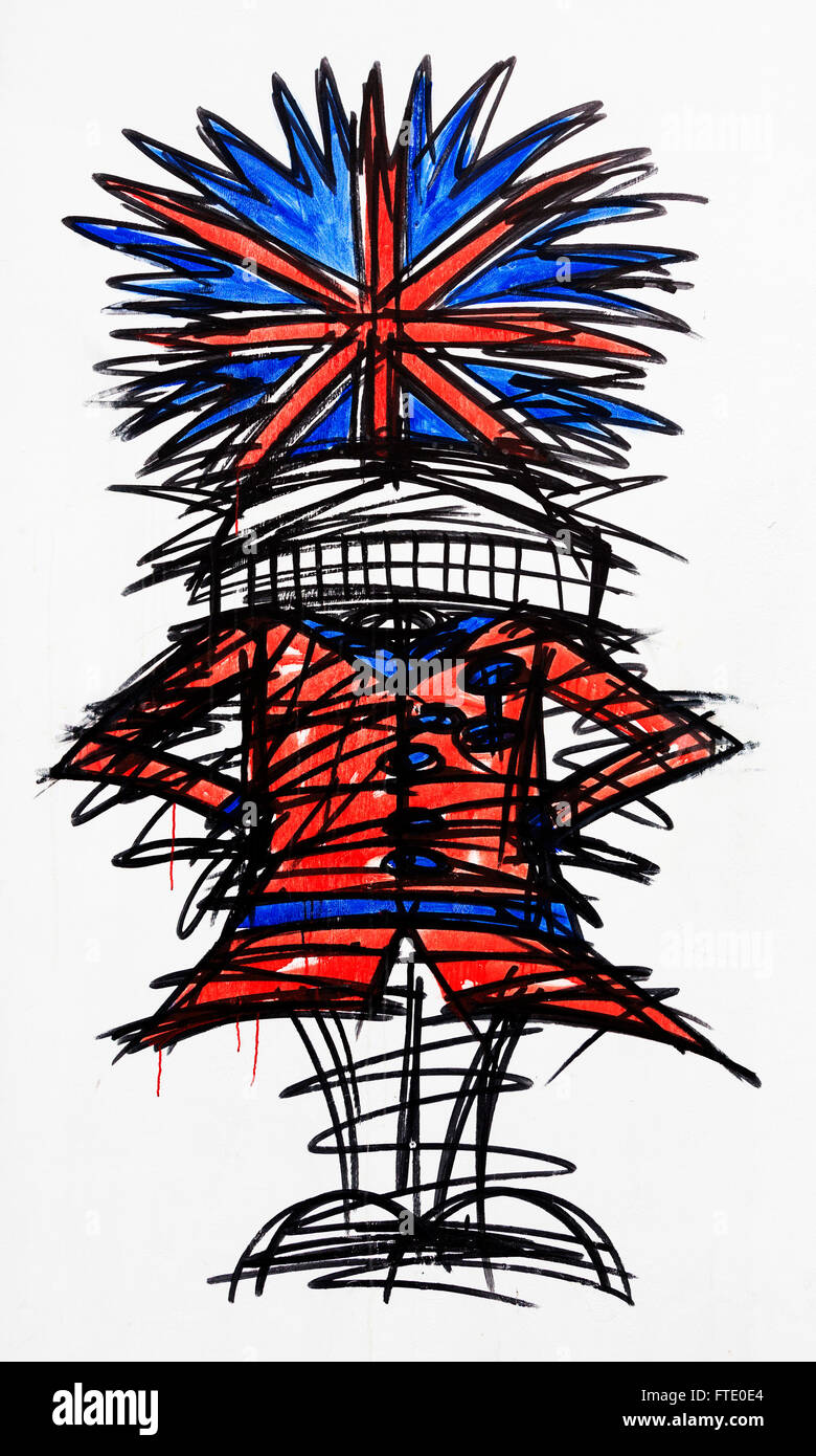 Graffiti von ein Gardist mit Bärenfell Hut im Union Jack Farben von Nathan Bowen in London, England, Vereinigtes Königreich Stockfoto