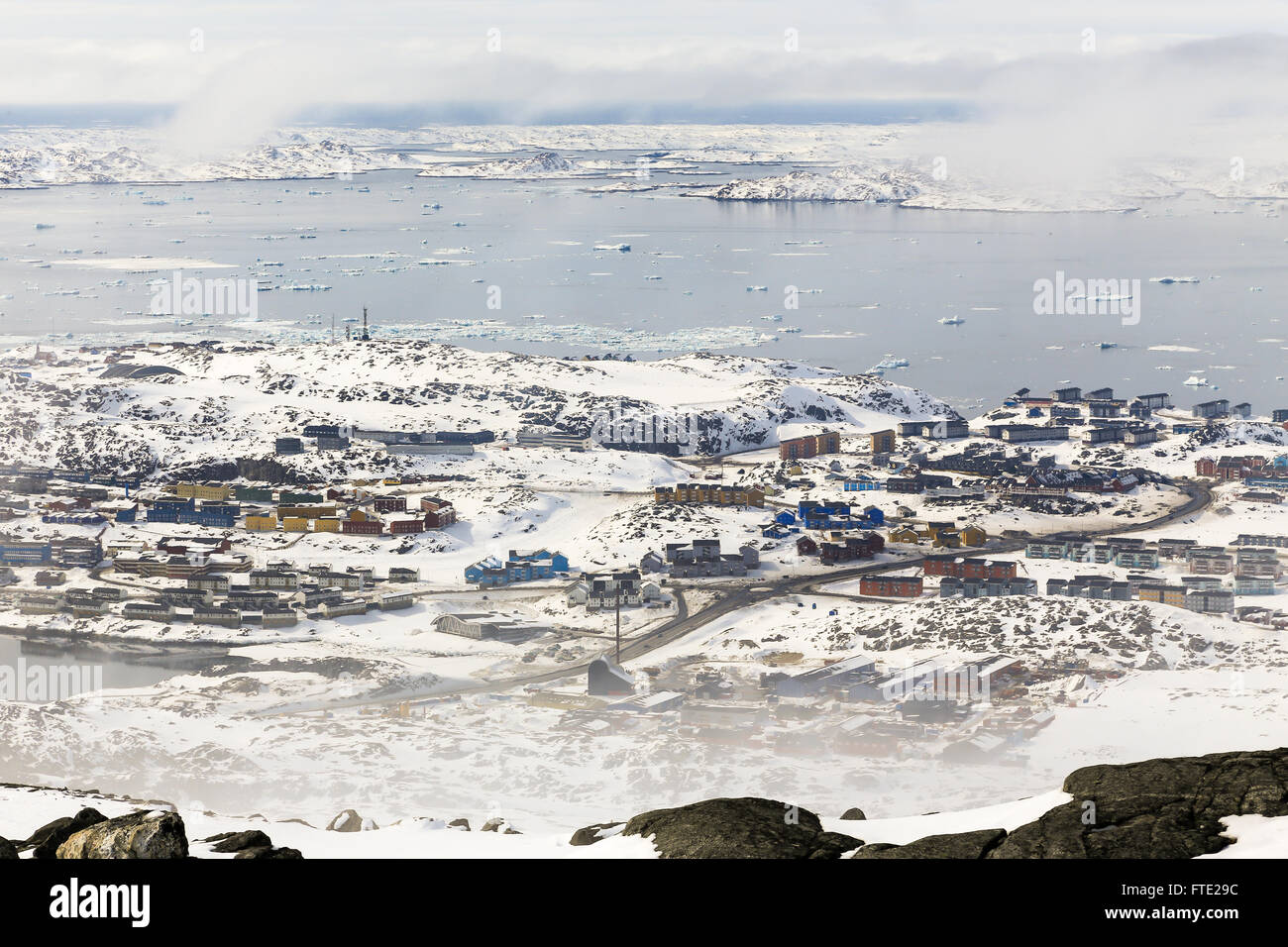 Grönländische Hauptstadt Nuuk und Fjord Aussicht vom Gipfel des kleinen Malene Berg, Nuuk, Grönland Stockfoto