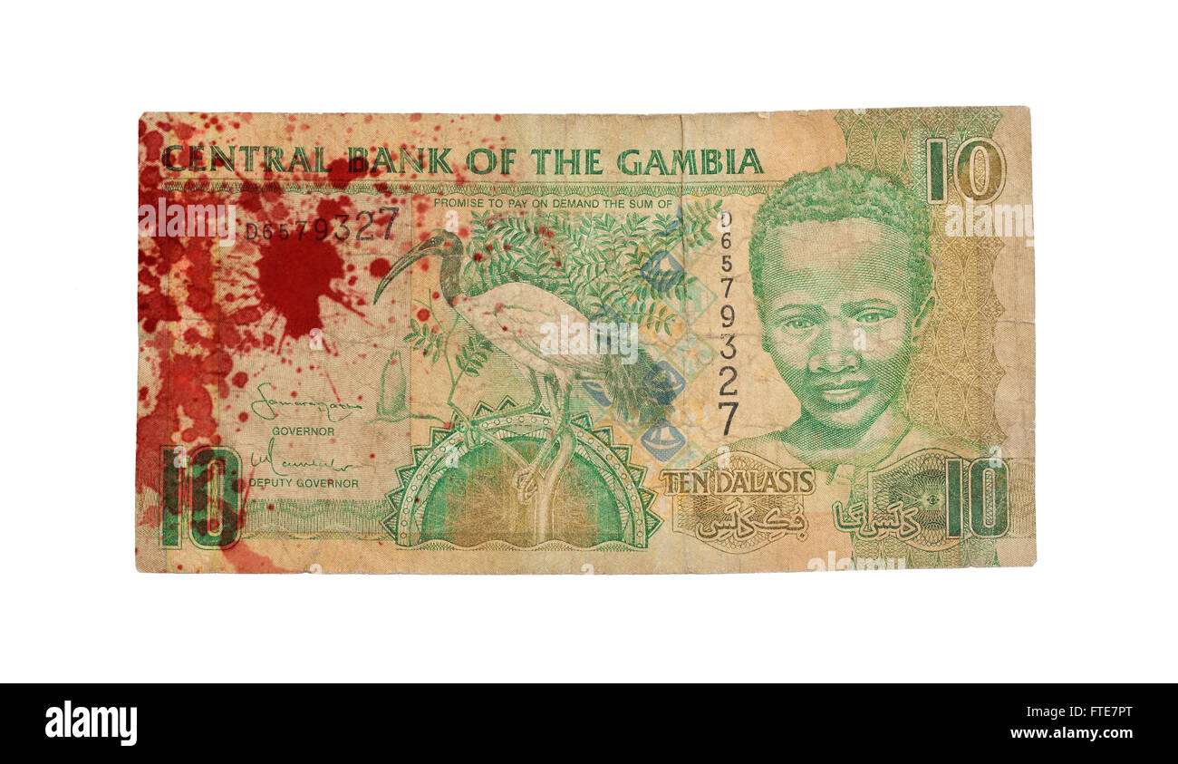 10 gambische Dalasi bank Hinweis, isoliert, blutig Stockfoto