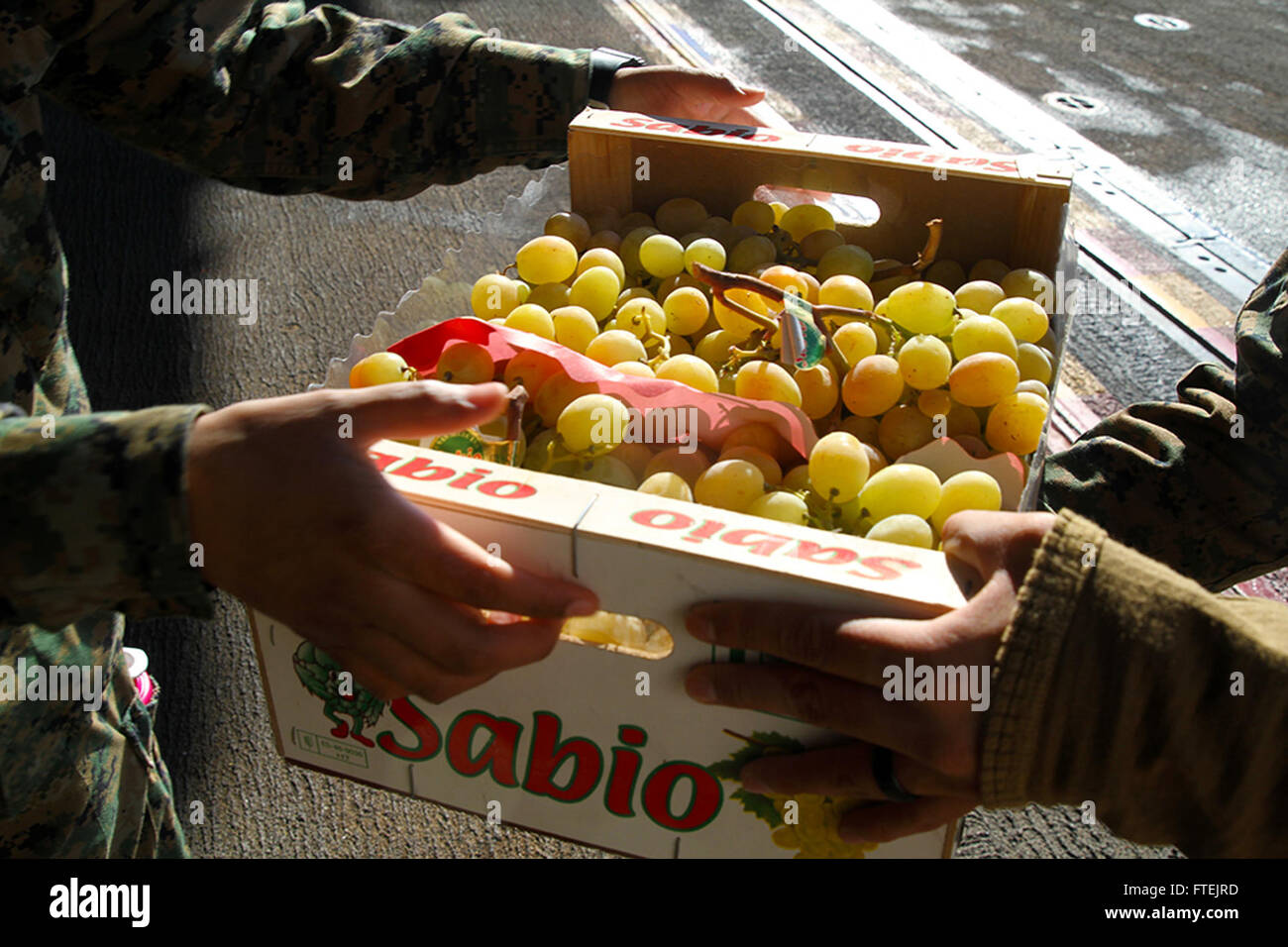 Marines mit der 24th Marine Expeditionary Unit laden während eines routinemäßigen Logistikeinsatzes auf der Marinestation Rota, Spanien, frische Produkte auf die USS Iwo Jima (LHD 7), um die US-Marineoperationen in Europa zu unterstützen. Stockfoto