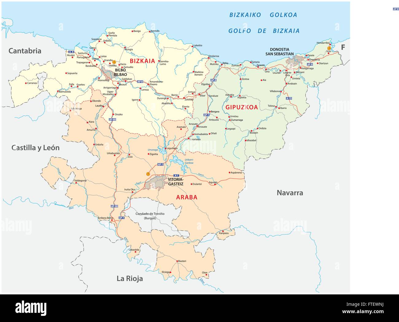 Straßen- und Verwaltungskarte von baskischen Land, Spanien Stock Vektor