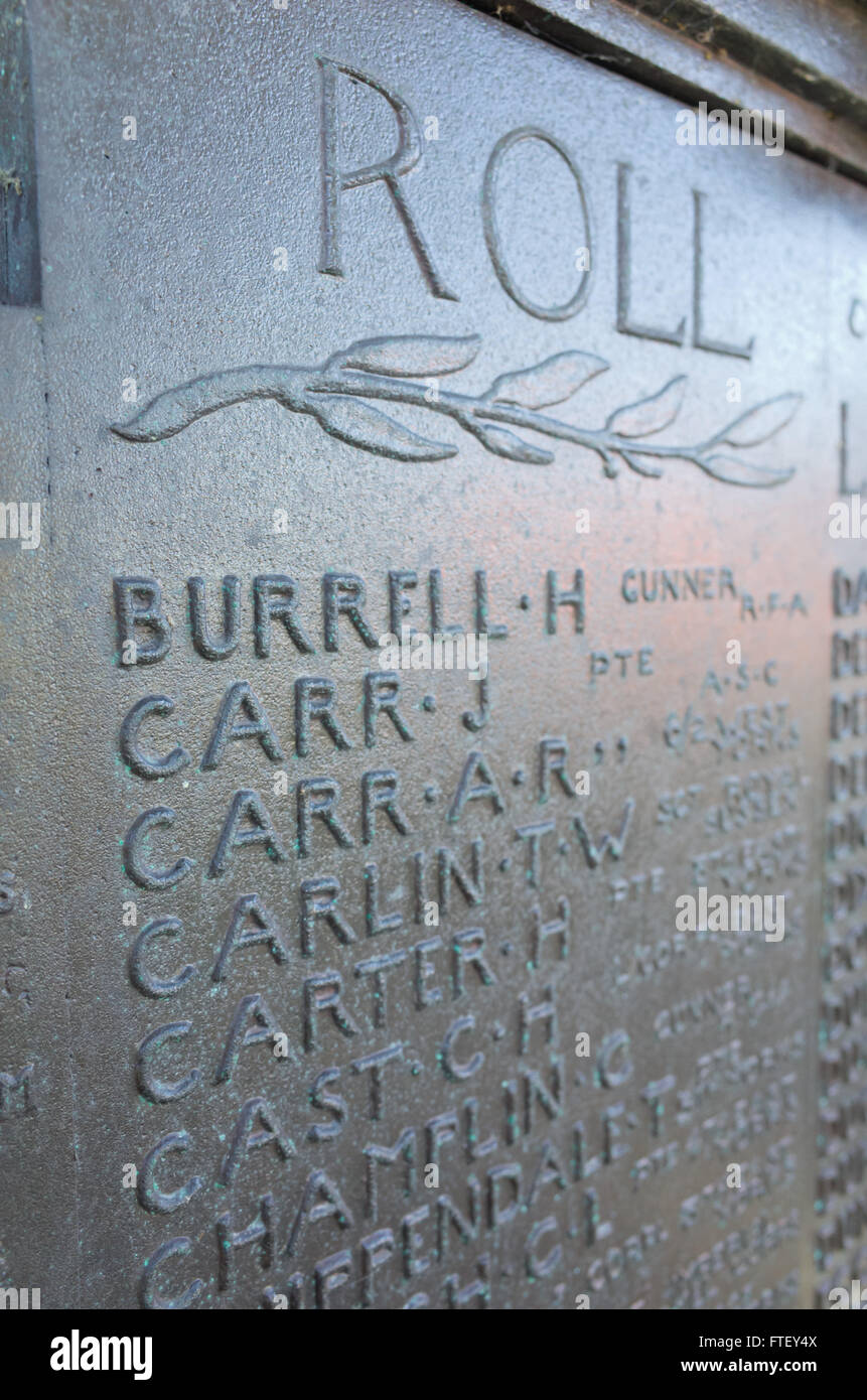 Liste der gefallenen am Kriegerdenkmal Stockfoto
