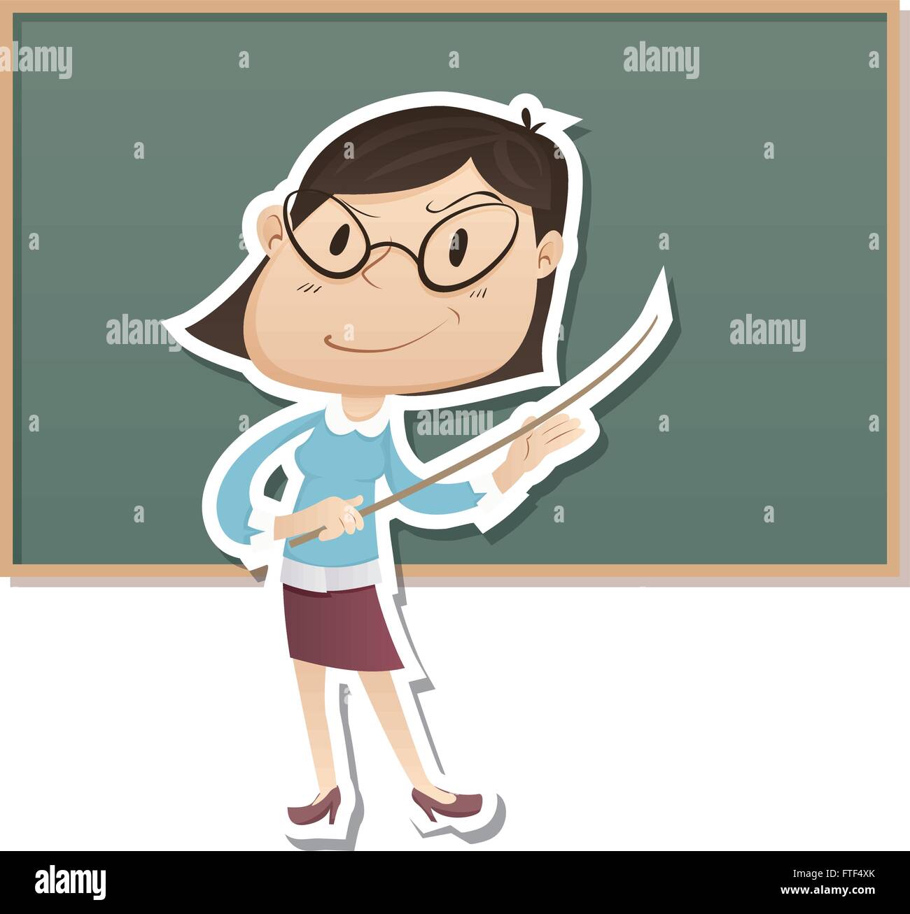 Strenge Lehrerin Cartoon vor Tafel stehen. Stock Vektor