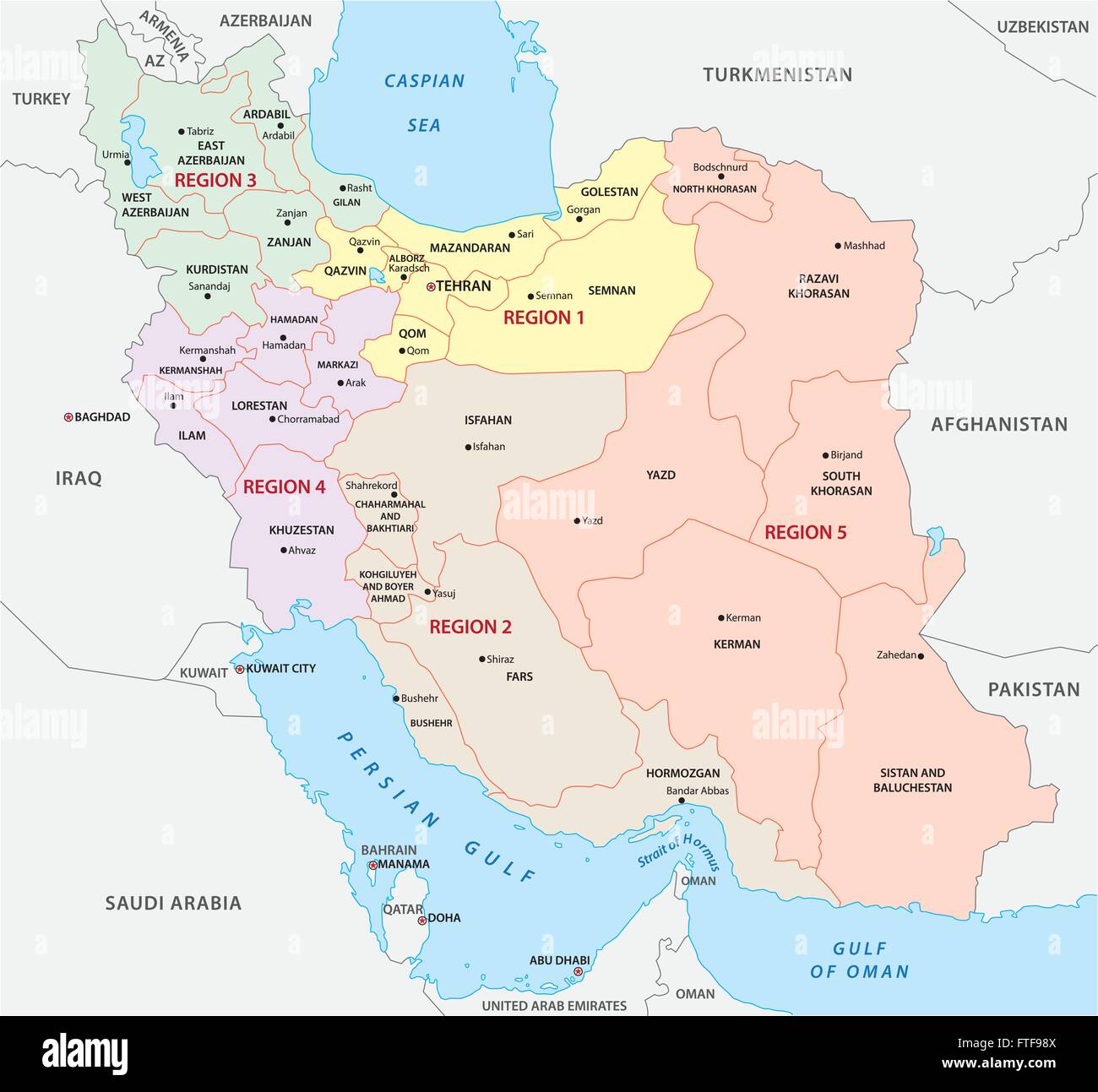 Iran administrative und politische Landkarte, Regionen Stock Vektor