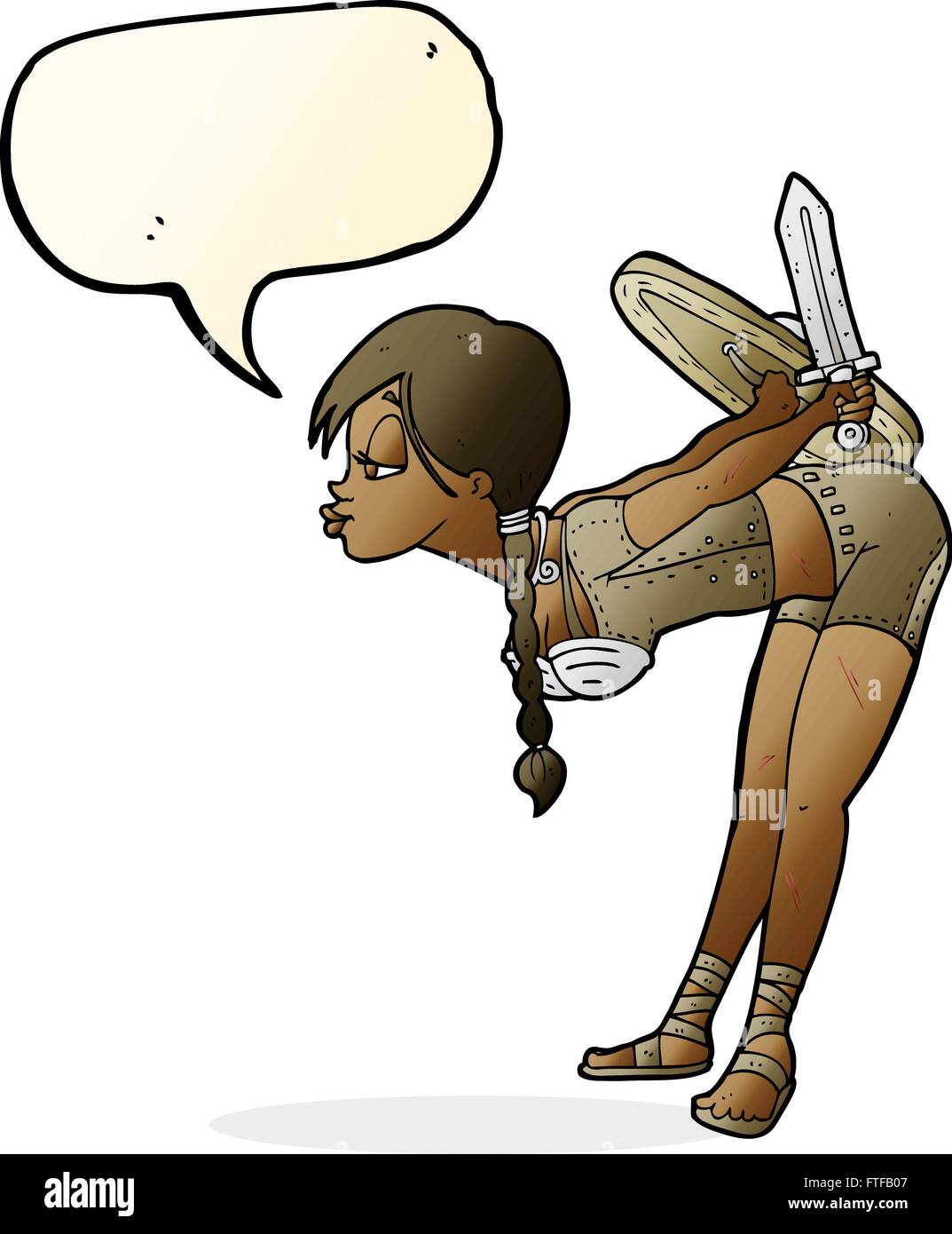 Cartoon-Viking Mädchen verbeugte sich mit Sprechblase Stock Vektor