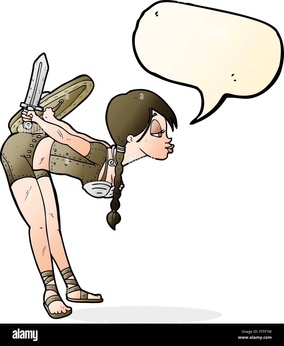 Cartoon-Viking Mädchen verbeugte sich mit Sprechblase Stock Vektor