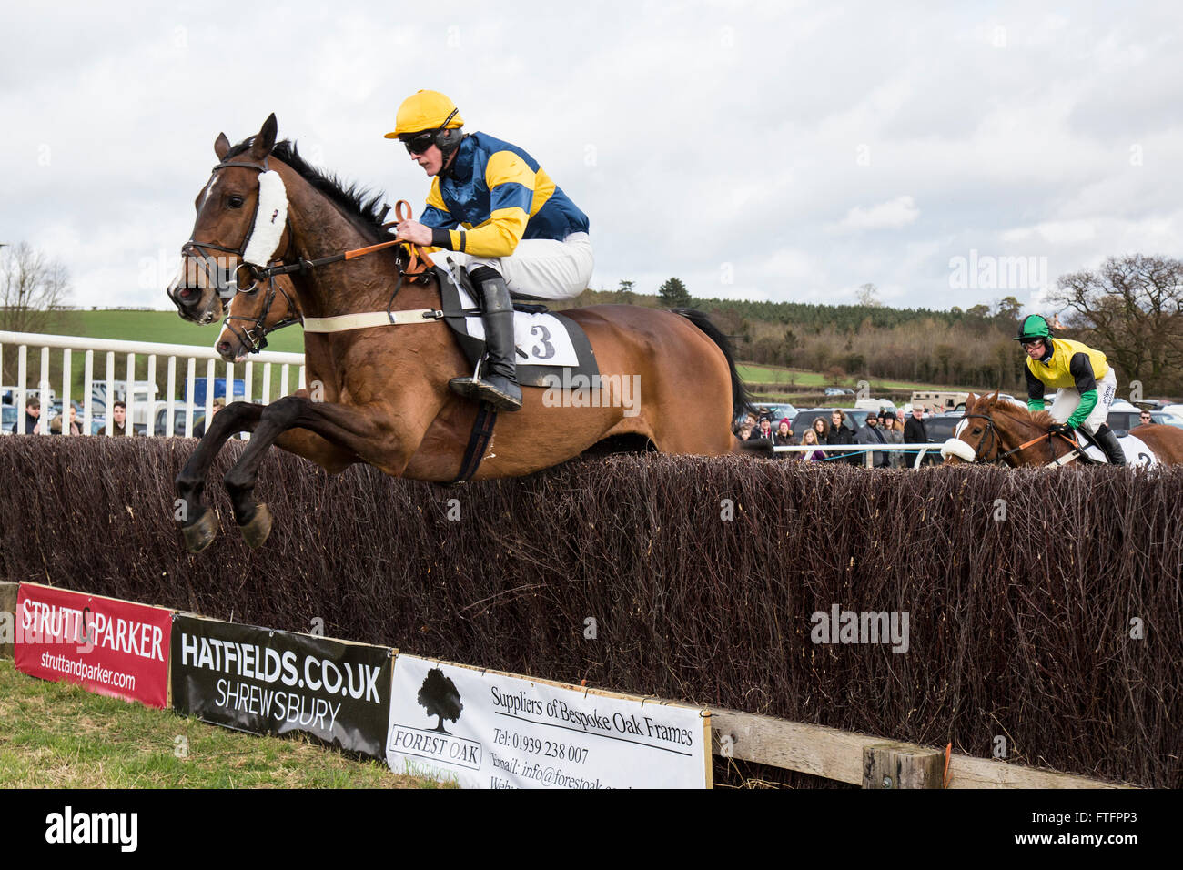 Eyton auf Severn in Shropshire, England. 28. März 2016. "Chip n 'Charge', im ersten Rennen, The North & South Shropshire Huntv Mitglieder, Abonnenten & Bauern Race, an Ostern Feiertag Point to Point Rennen. Stockfoto