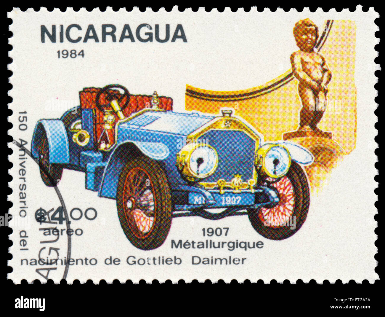 BUDAPEST, Ungarn - 18. März 2016: eine Briefmarke gedruckt in Nicaragua zeigt Daimler, 1907, ca. 1984 Stockfoto