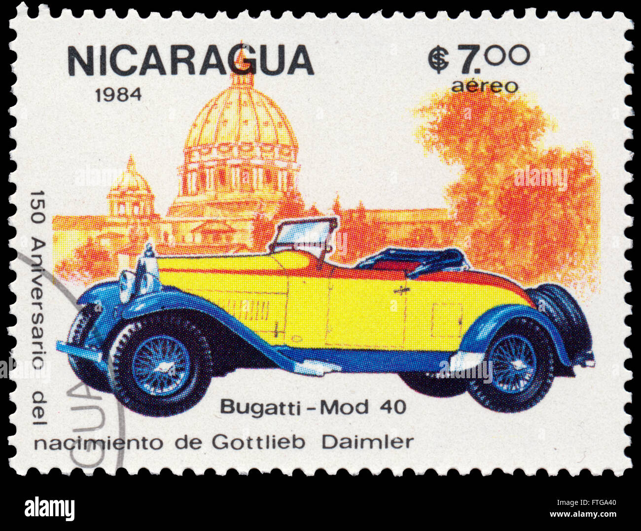 BUDAPEST, Ungarn - 18. März 2016: eine Briefmarke gedruckt in Nicaragua zeigt Bugatti, ca. 1984 Stockfoto