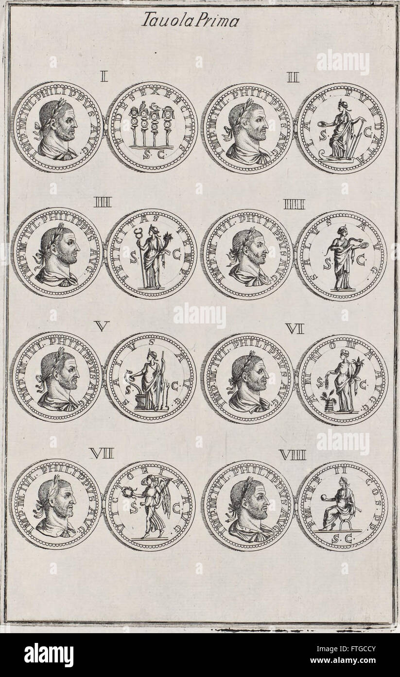 Diese Publikation aus dem Jahr 1694 zeigt goldene Porträts römischer Kaiser aus der Sammlung Farnese und bietet Interpretationen dieser Werke, um deren historische Bedeutung hervorzuheben. Stockfoto
