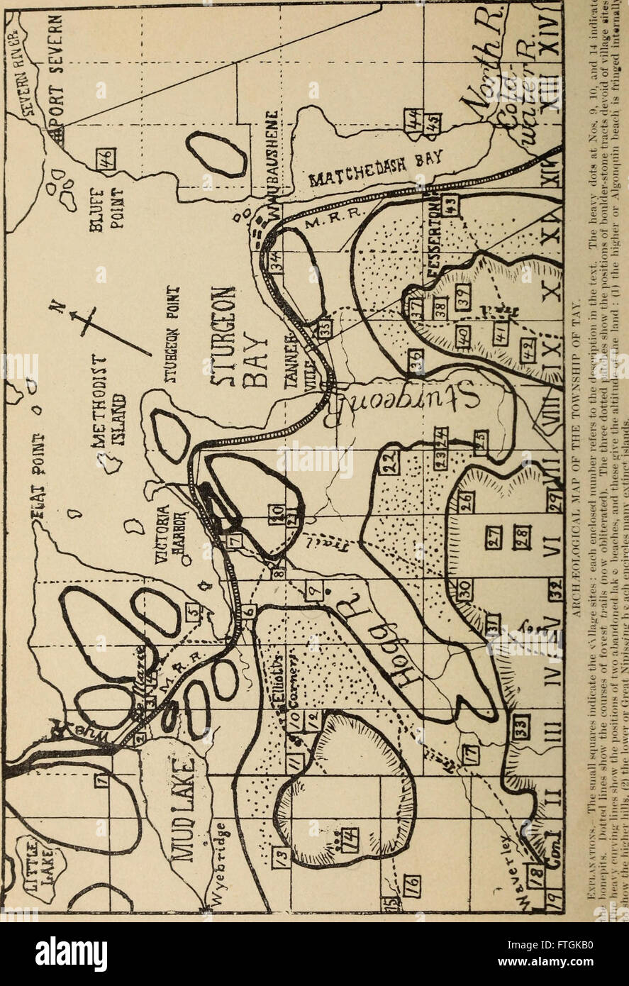 Eine detaillierte Dokumentation der Standorte von Huron-Dörfern im Simcoe County, Ontario. Die Notizen konzentrieren sich auf Sehenswürdigkeiten, die der Entdecker Samuel de Champlain besucht und beschrieben hat, mit dem Ziel, diese historischen Orte zu identifizieren und zu kartieren. Stockfoto
