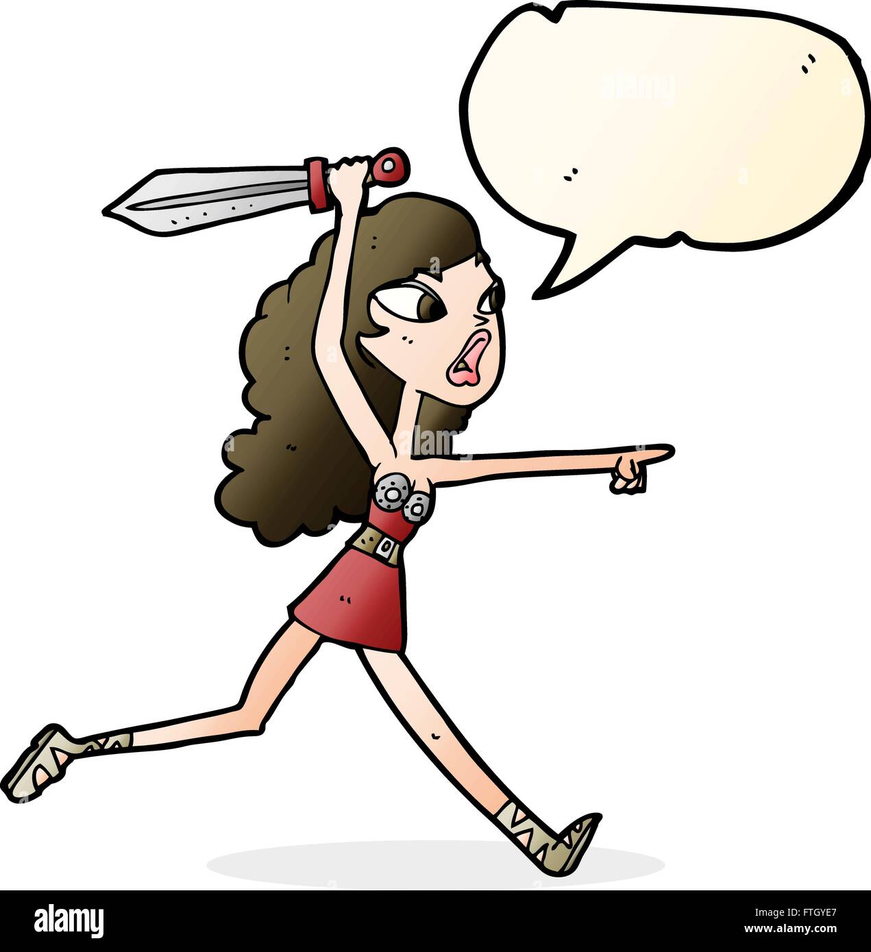 Cartoon-Viking Mädchen mit Schwert mit Sprechblase Stock Vektor