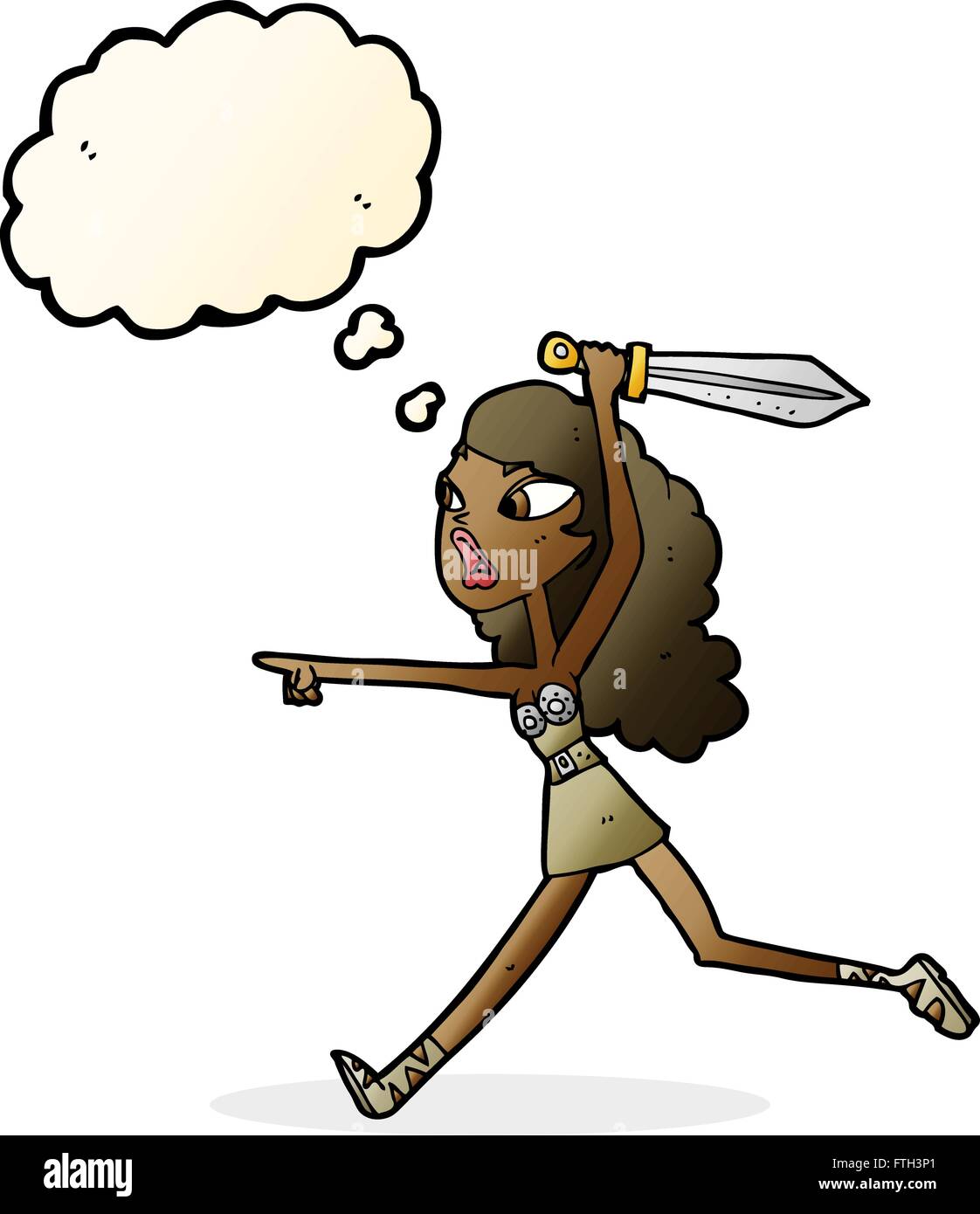 Cartoon-Mädchen mit Schwert mit Gedankenblase Stock Vektor