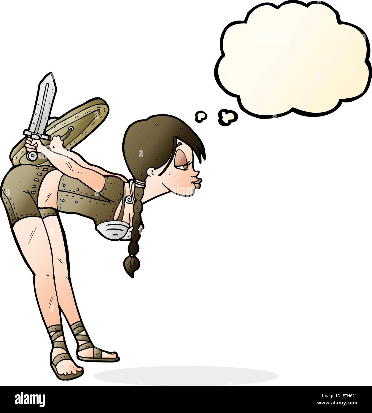 Cartoon-Viking Mädchen verbeugte sich mit Gedankenblase Stock Vektor