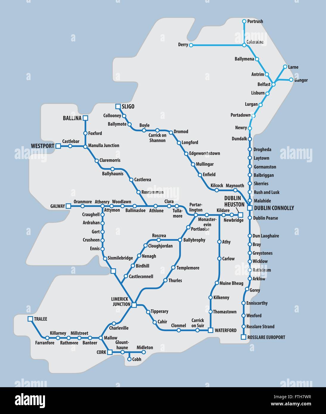 Karte von Irland mit schematischen Eisenbahn-Streckennetz Stock Vektor