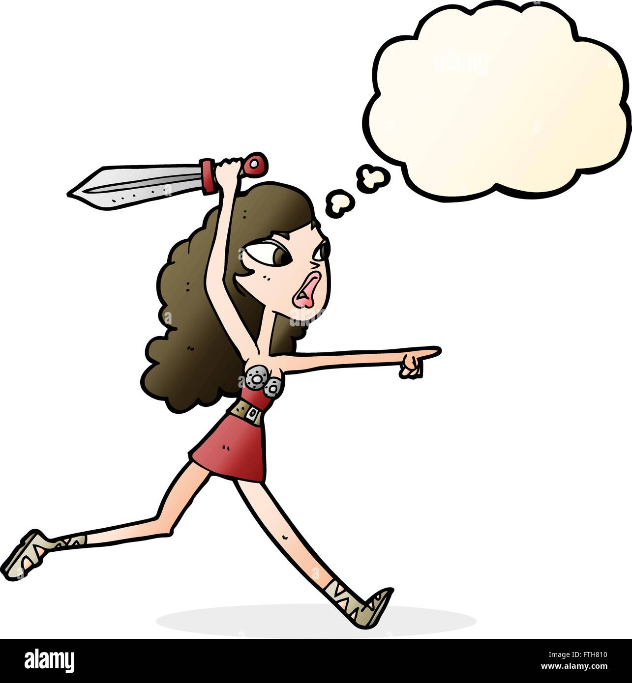 Cartoon-Viking Mädchen mit Schwert mit Gedankenblase Stock Vektor