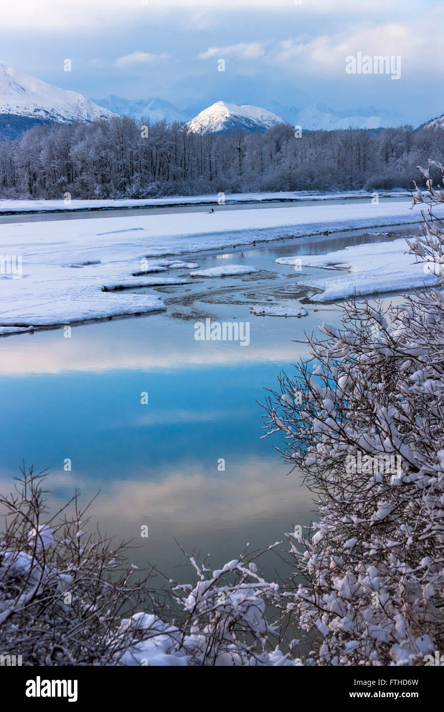 Landschaft mit Fluss und die Berge mit Schnee bedeckt, Haines, Alaska, USA Stockfoto