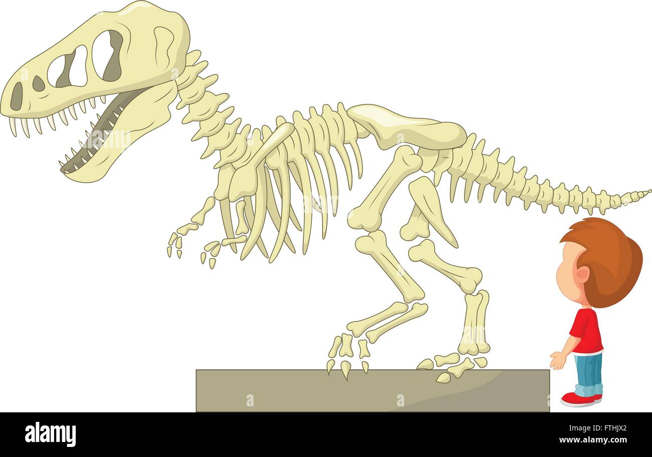 Junge mit Dinosaurier Skelett im Museum Stock Vektor