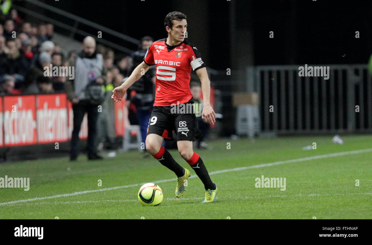 Romain Danze wenn eine Liga entsprechen Stade Rennais - AS Saint-Étienne 4. Februar 2016 in Roazhon Park, Rennes Stockfoto