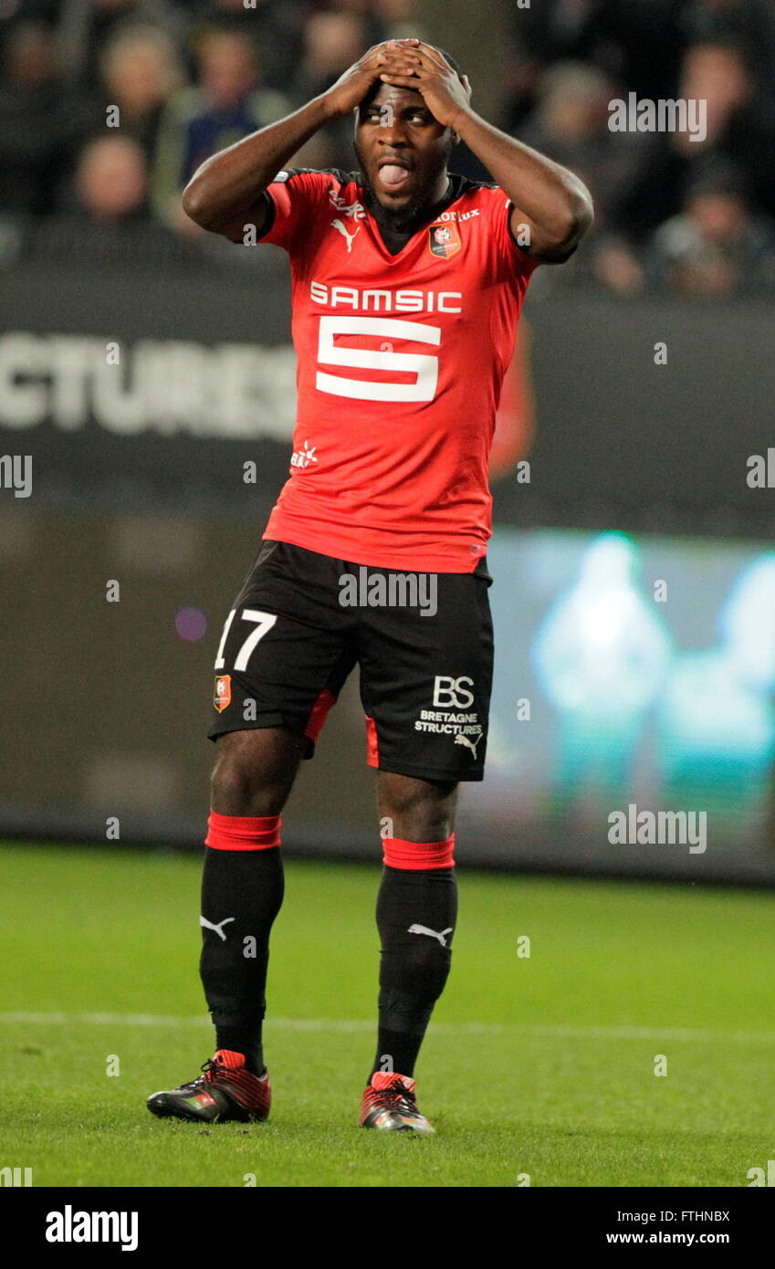 Jérémie Boga bei einer Liga match Stade Rennais - AS Saint-Étienne 4. Februar 2016 in Roazhon Park, Rennes Stockfoto