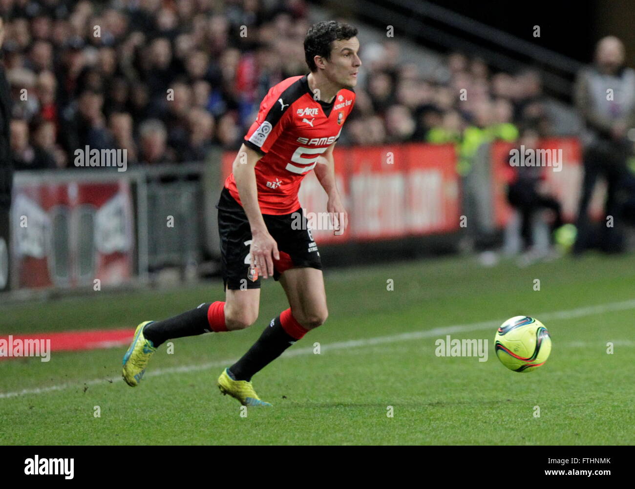 Romain Danzé wenn eine Liga entsprechen Stade Rennais - AS Saint-Étienne 4. Februar 2016 in Roazhon Park, Rennes Stockfoto