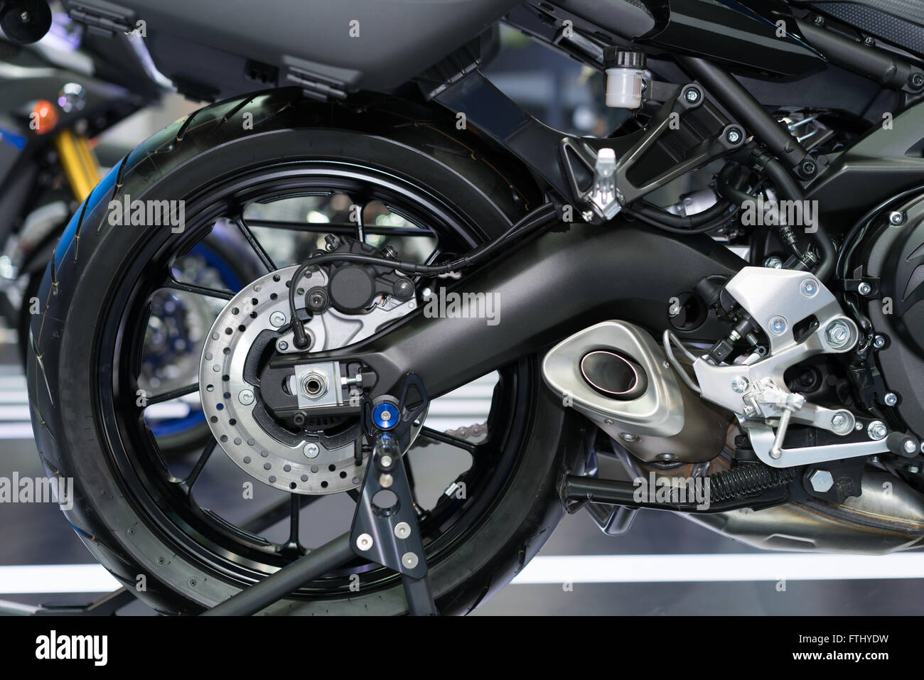 Scheibenbremse von Hinterrad des Motorrads Stockfoto