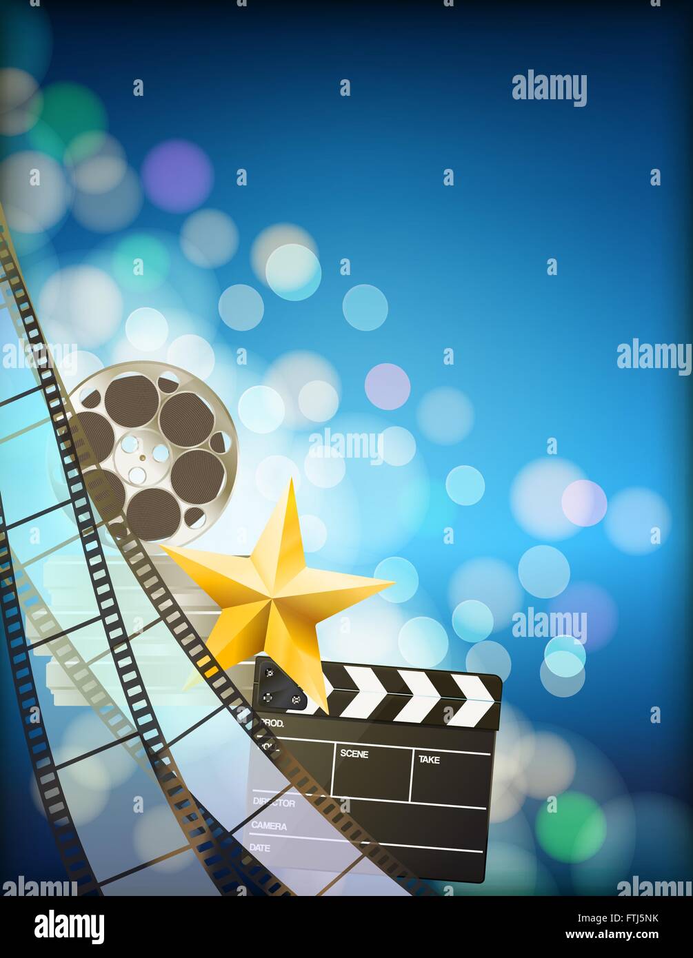 Filmstreifen-Hintergrund mit Klöppel, Walzen, Goldener Stern und Lichteffekten auf blauem Hintergrund vertikale. Vektor Stock Vektor