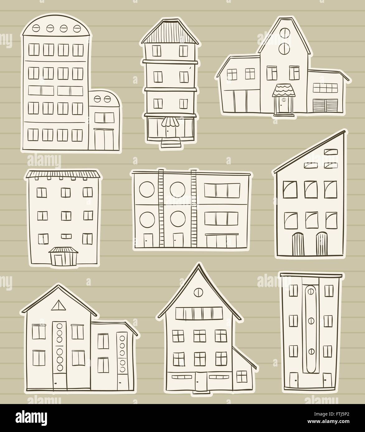 Reihe von Häusern doodle Skizzen auf Papierhintergrund. nach Hause Hand Zeichnung Vektor. alte Stadt-Symbole Stock Vektor