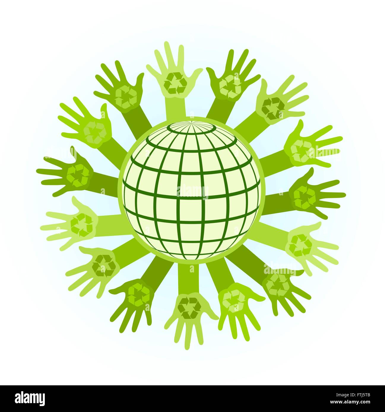 abstrakte Darstellung mit einer Steigerung der Hände und Planeten mit ein Recycling-Symbol. Eco-freundliche Design-Vorlage. Pflege der Umgebung Stock Vektor