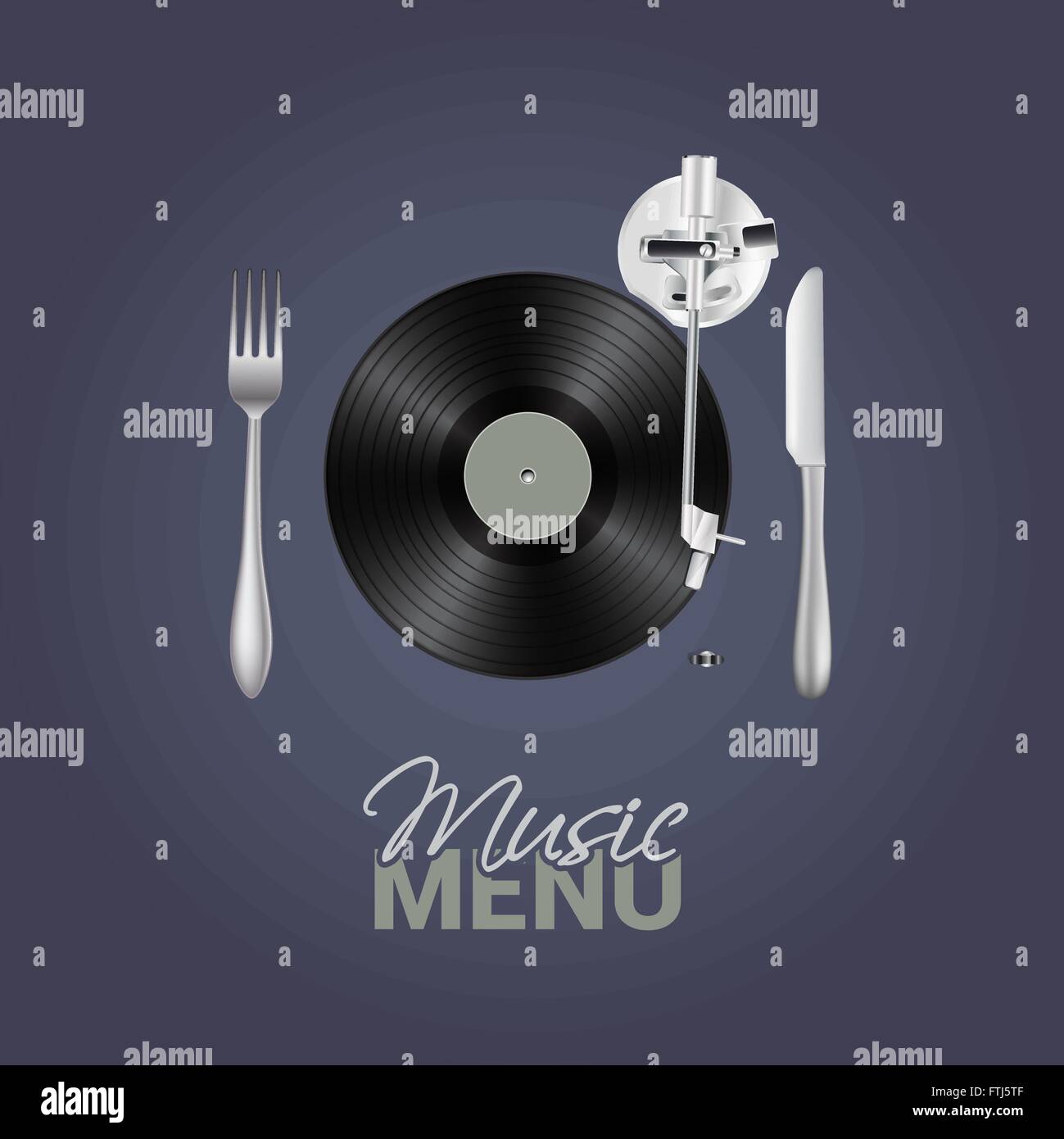 Menü "Musik" mit Vinyl, Messer und Gabel Hintergrund Konzept. Stilvolle konzeptionelle Darstellung für Ihr Design. Vektor Stock Vektor